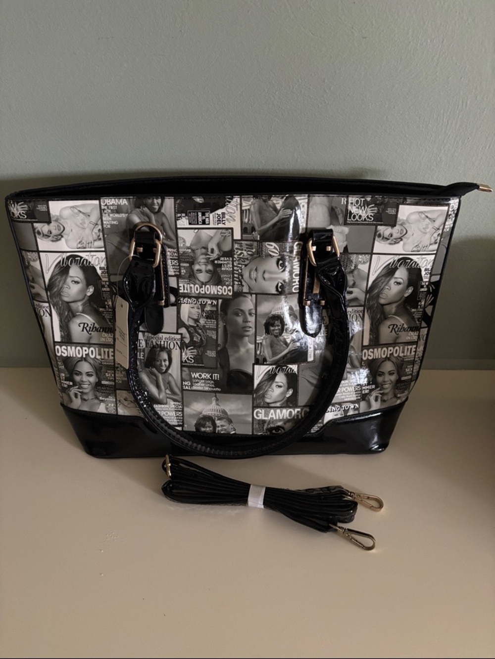 New Black & White Glossy Magazine Collage Patent Tote, Features Michelle Obama…